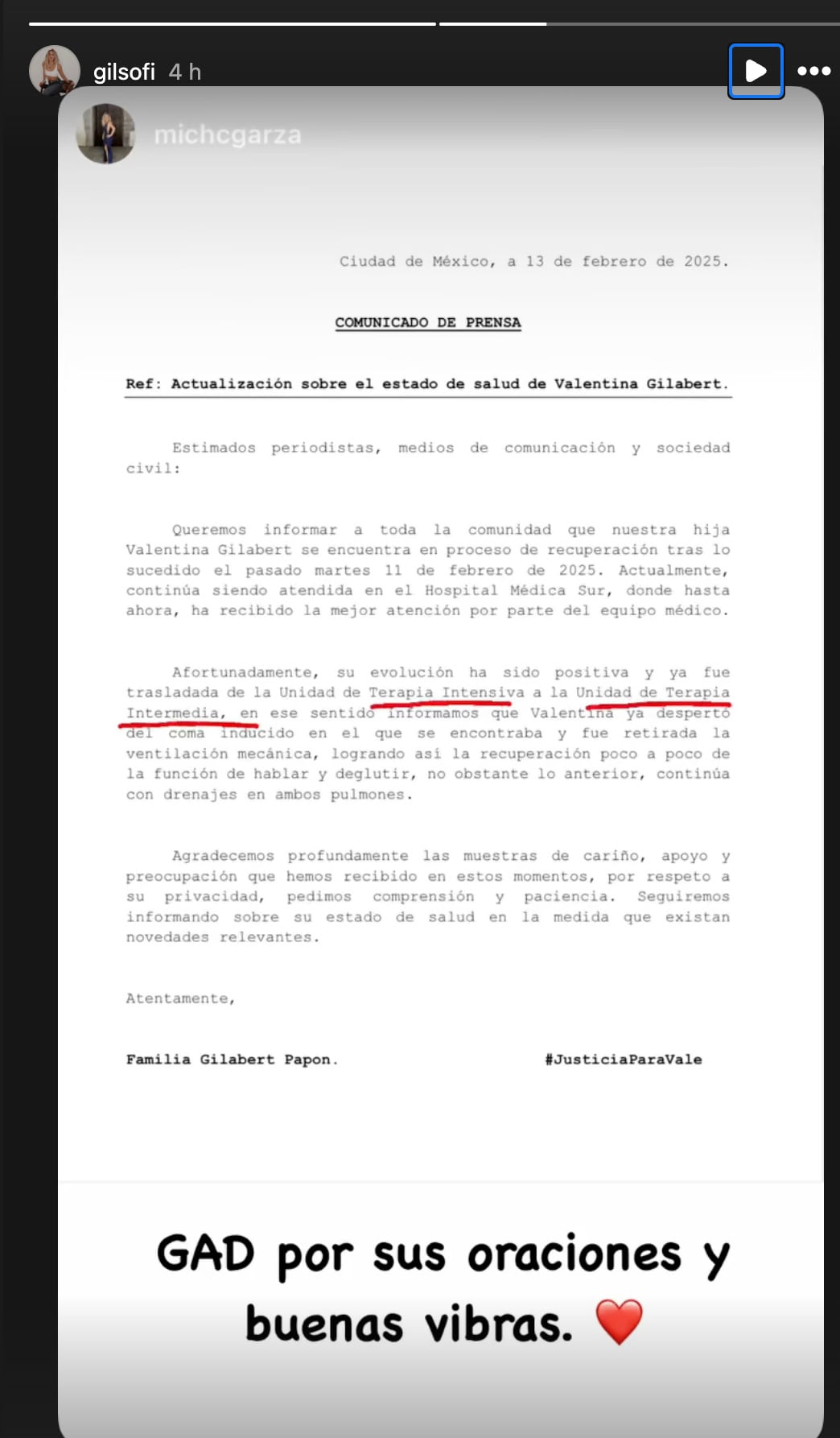 Valentina Gilabert ya despertó del coma