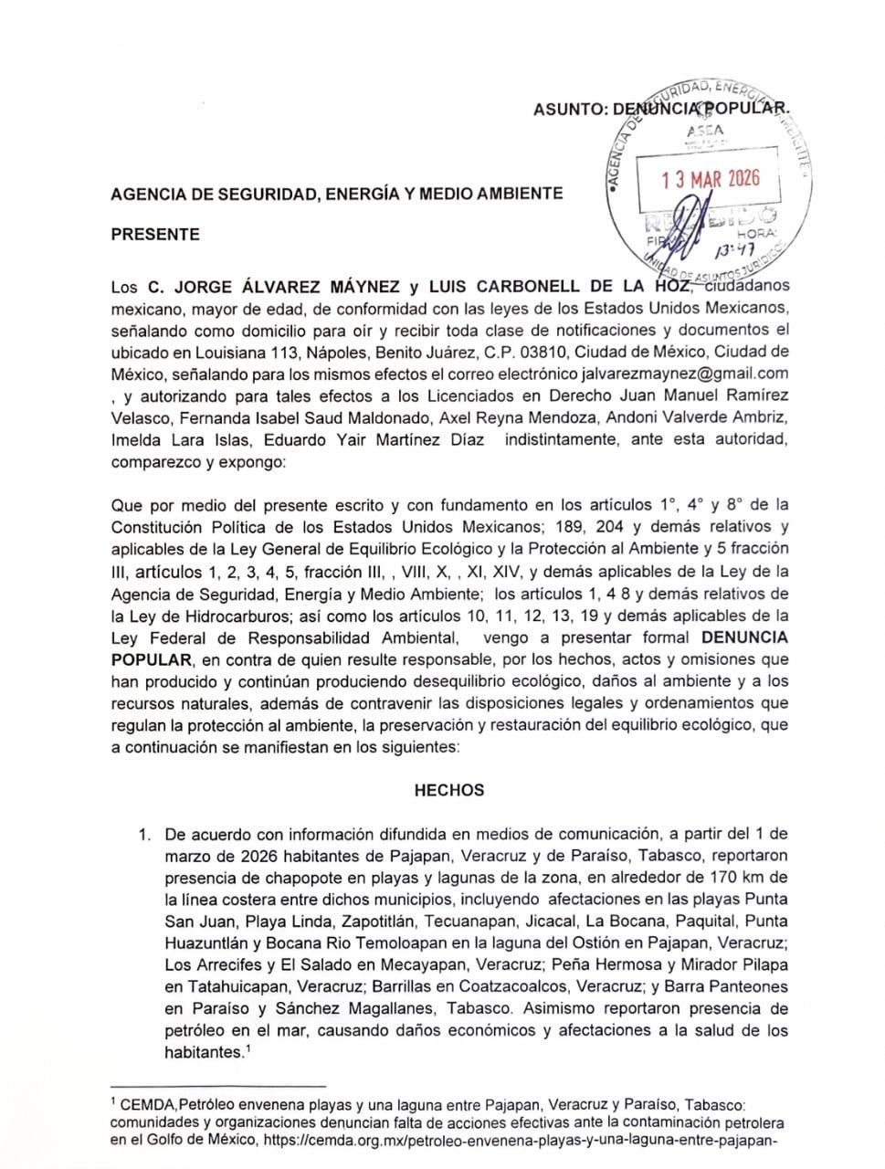 Movimiento Ciudadano presenta denuncia por derrame de petróleo en Veracruz