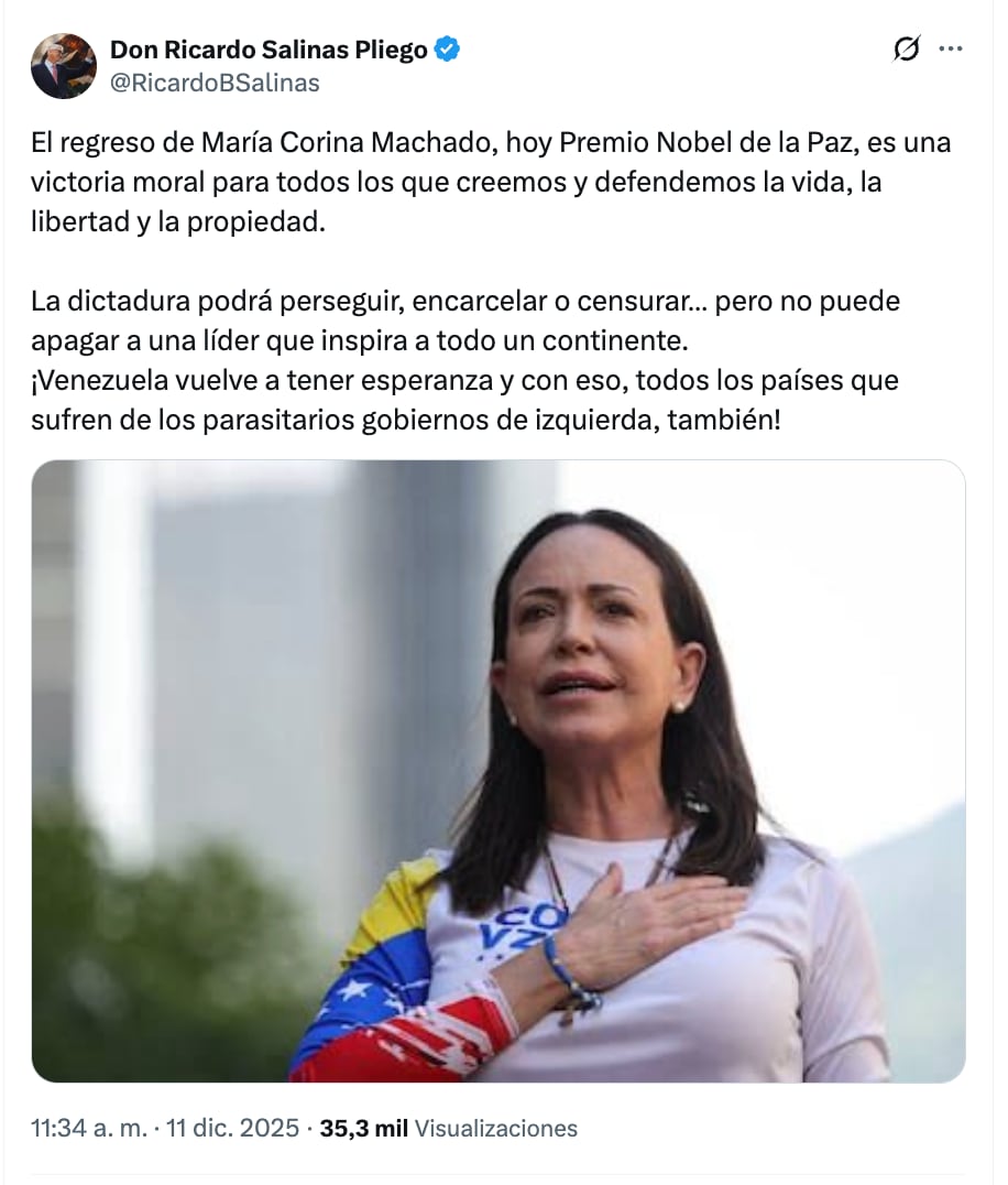El mensaje de Salinas Pliego sobre la “victoria moral” de María Corina Machado que desató polémica