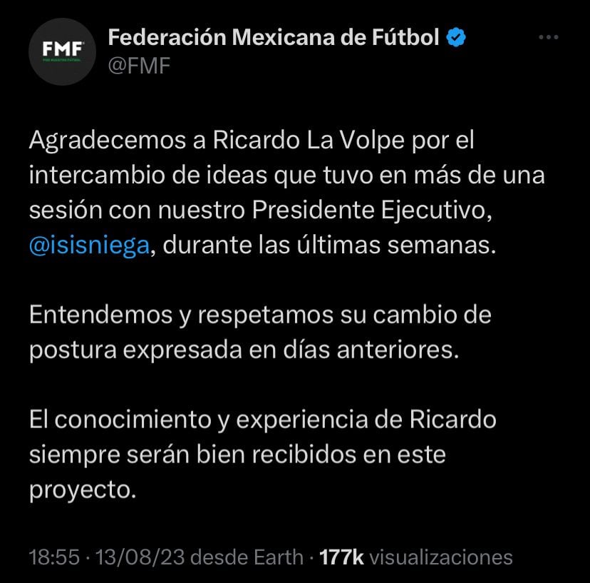 La FMF optó por darle las gracias a Ricardo La Volpe y lo separó del Consejo de Expertos de la Selección Mexicana.