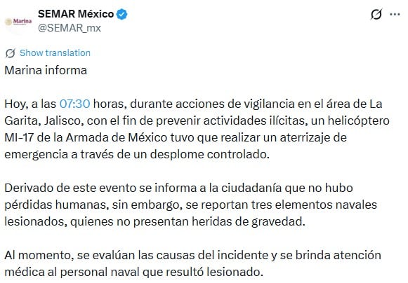 Helicóptero de la Marina que aterrizó de emergencia participaba en operativo en Jalisco