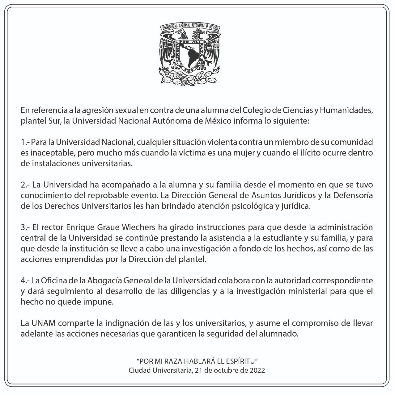 Comunicado UNAM sobre violación a alumna en CCH Sur