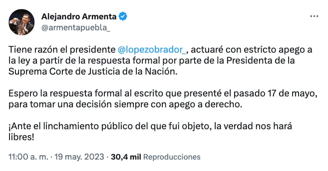 Alejandro Armenta seguirá consejo de AMLO ante “linchamiento” que vivió por exhibir a Norma Piña