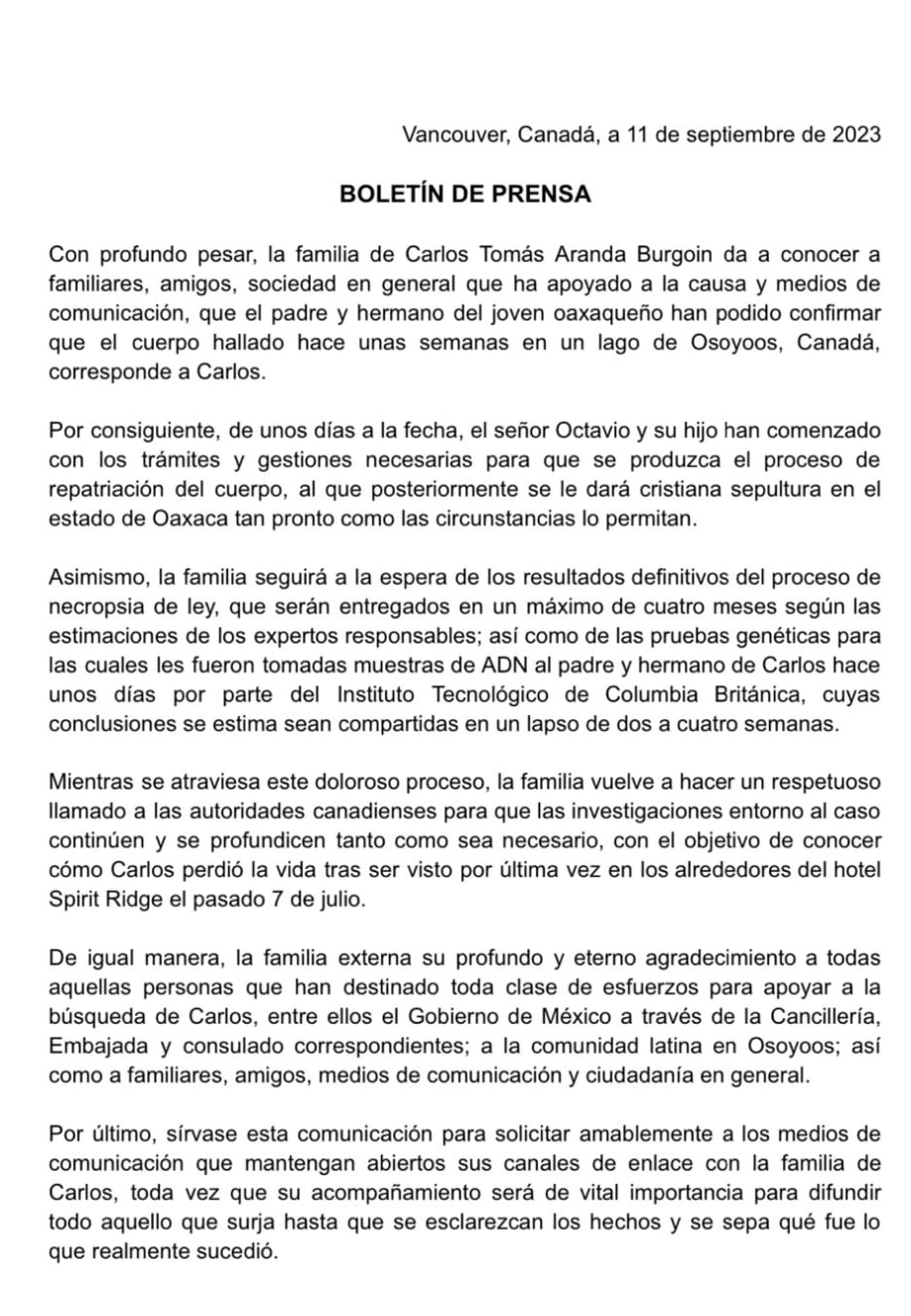 Familia de Carlos Aranda confirma que el cuerpo encontrado en lago Osoyoos sí es del mexicano