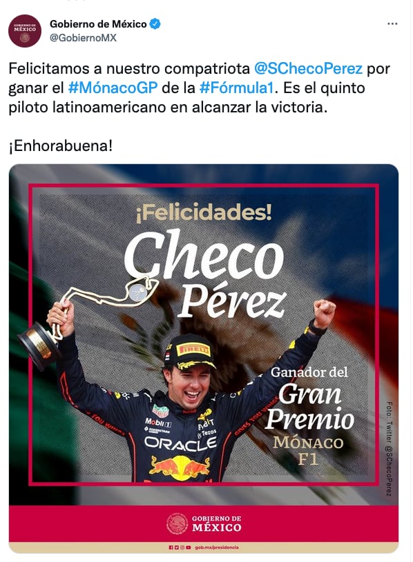 Gobierno de México felicita a Checo Pérez.