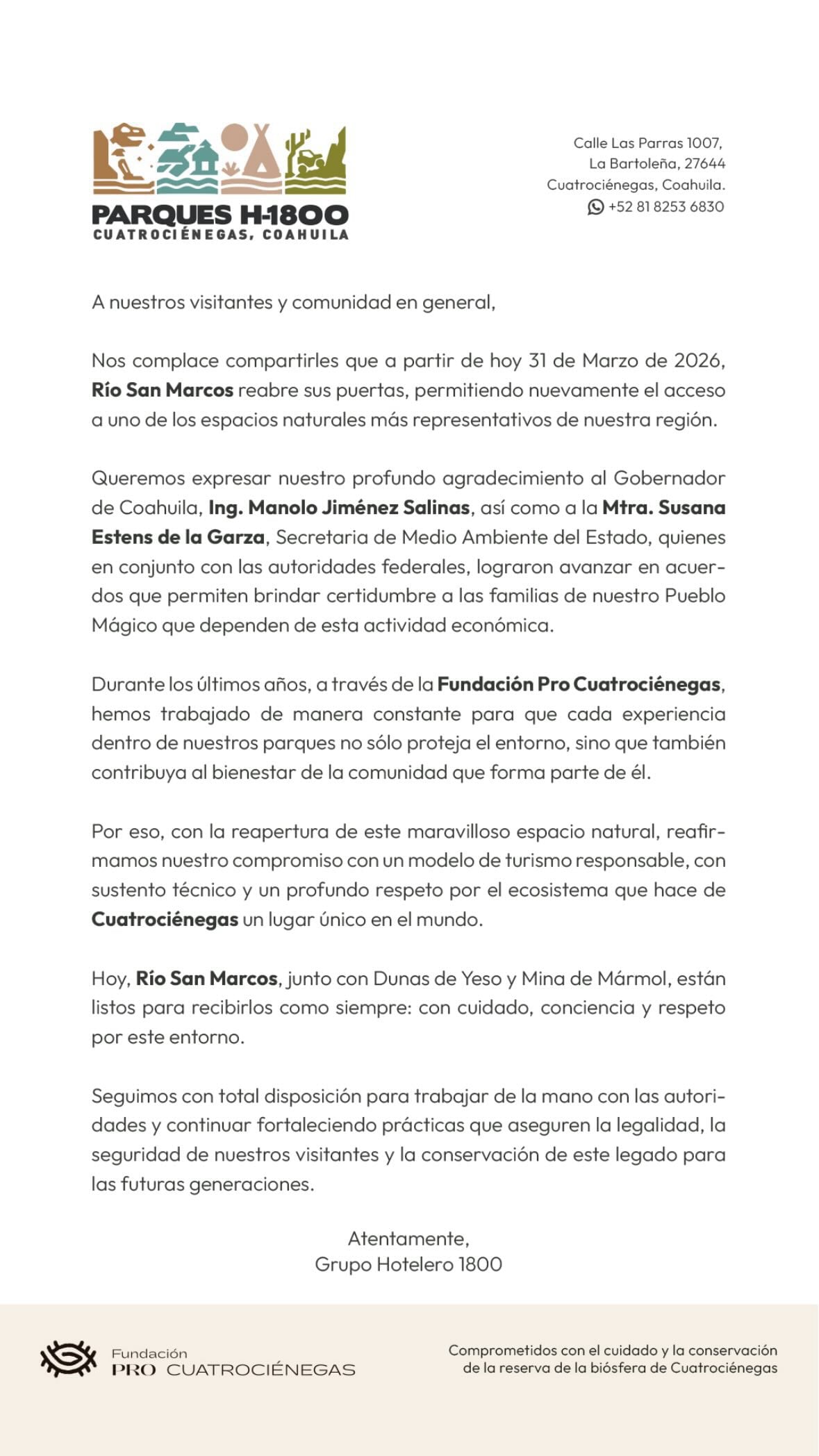 Comunicado sobre la reapertura de Cuatro Ciénegas, Coahuila.