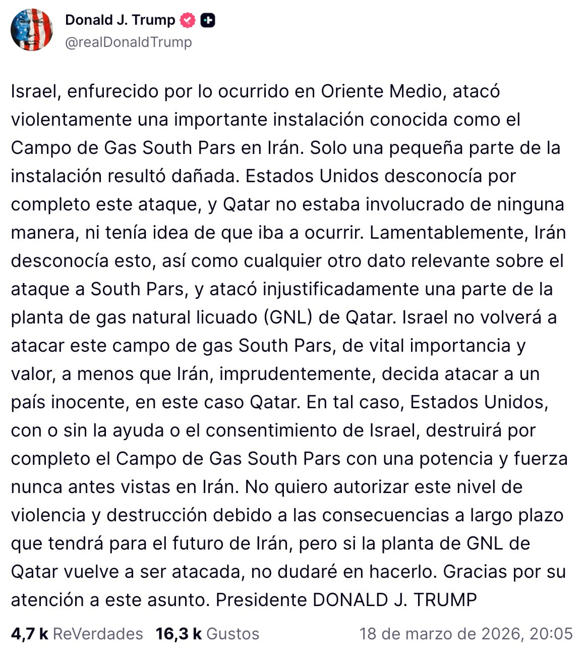 Donald Trump sobre ataque a campo de gas de Irán