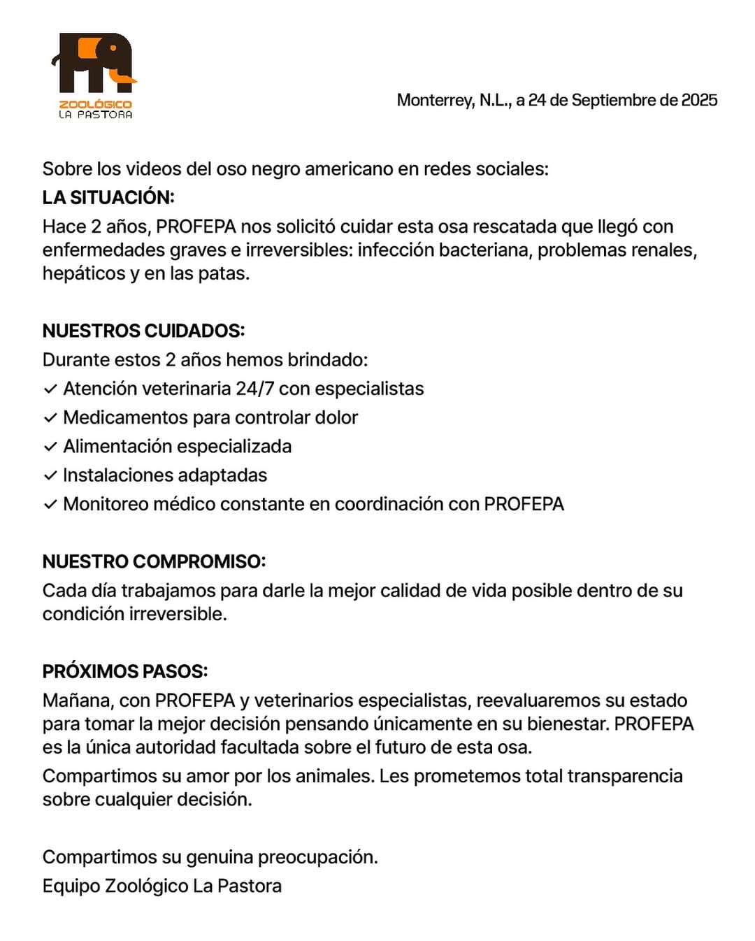 Comunicado del Zoológico La Pastora de Nuevo León por la osa enferma.