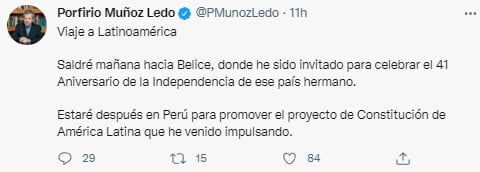 Porfirio Muñoz Ledo se va de viaje a Perú y Belice para impulsar este proyecto