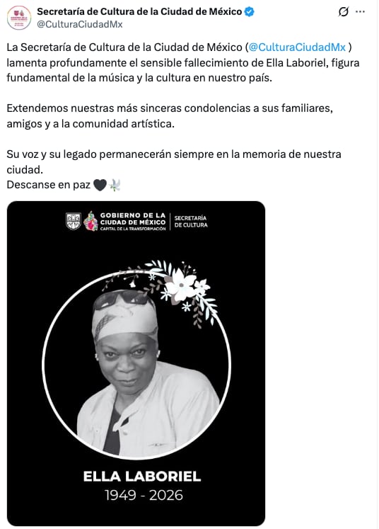Secretaría de Cultura CDMX lamenta muerte de Ella Laboriel