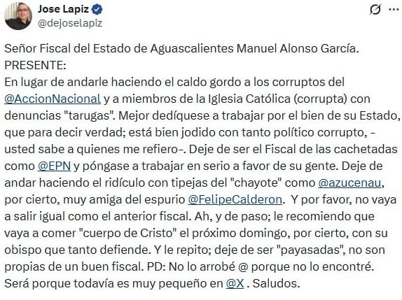 Fiscalía busca detener a José Lápiz por amenazas contra el obispo Juan Espinoza Jiménez