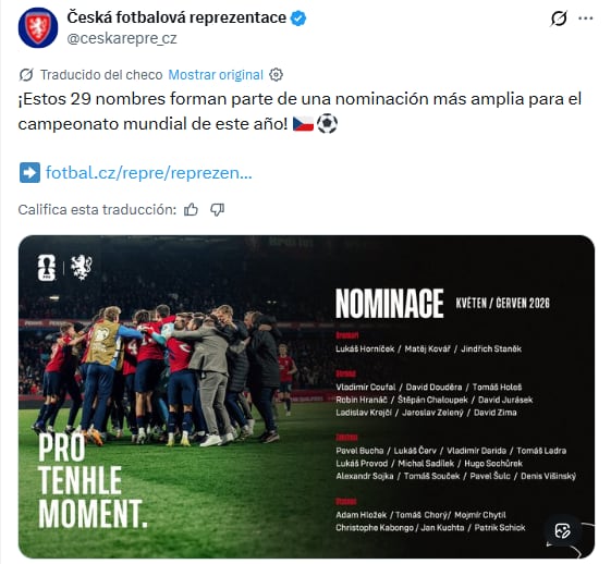 Chequia anuncia a sus convocados para el Mundial 2026.