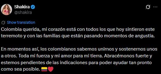 Shakira envía mensaje de solidaridad tras el terremoto de 7.4 que sacudió a Colombia