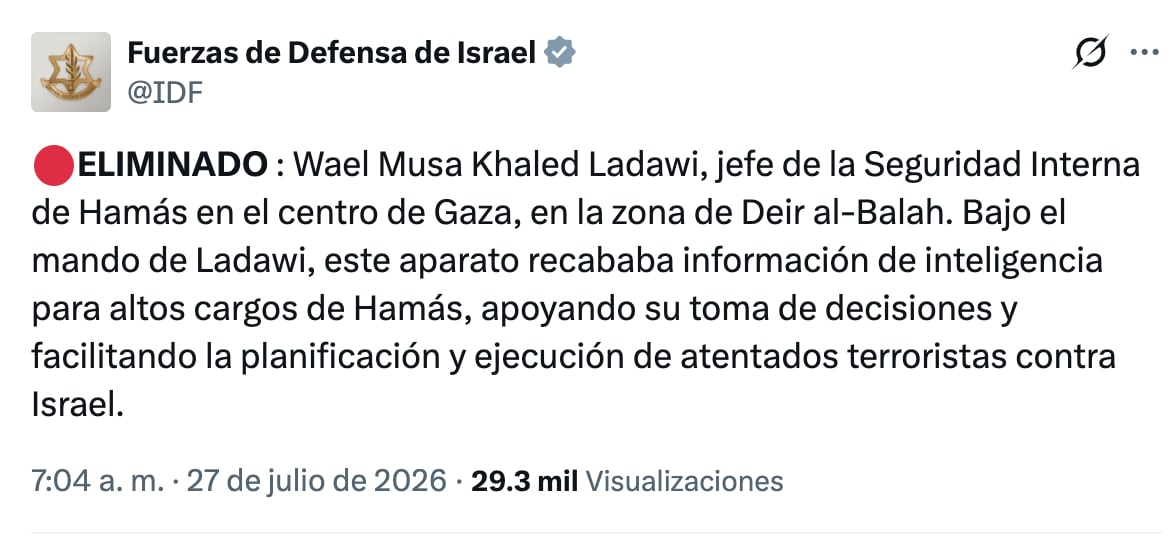 Anuncian muerte de Wael Musa Khaled Ladawi, jefe de la Seguridad Interna de Hamás en el centro de Gaza