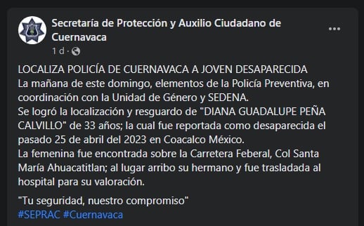 Localizan con vida a Diana Peña