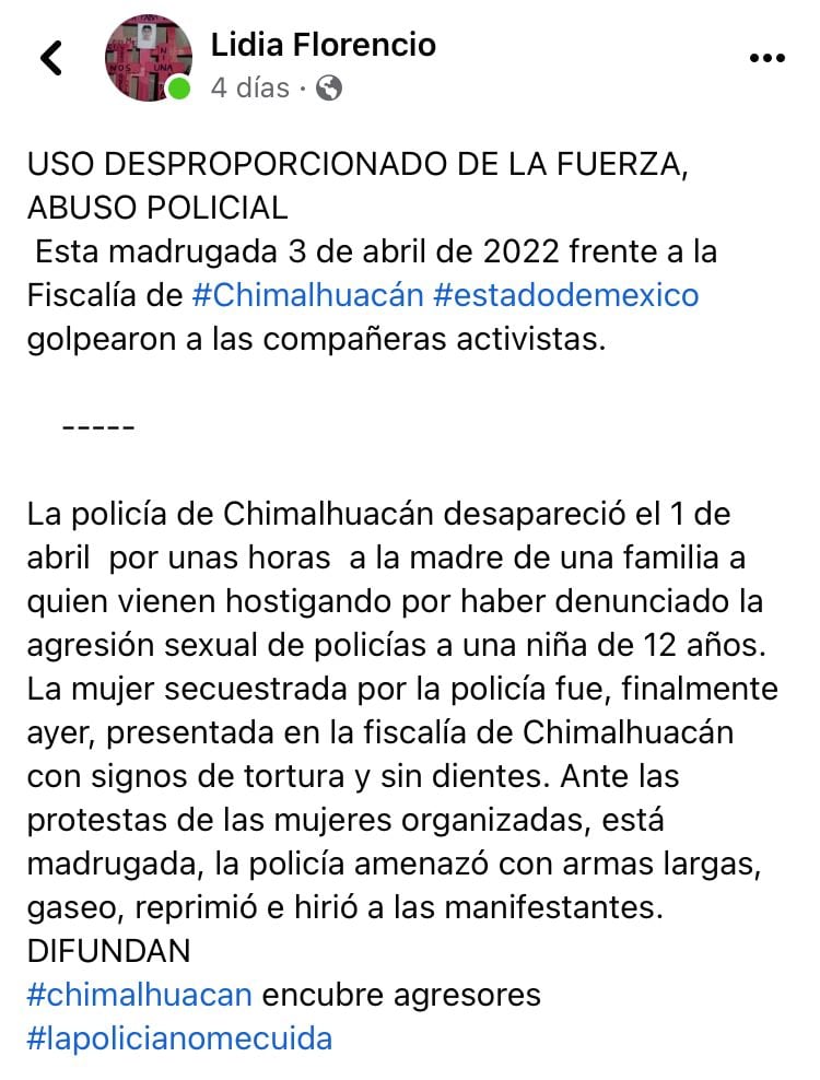 Información sobre la represión policial en Chimalhuacán