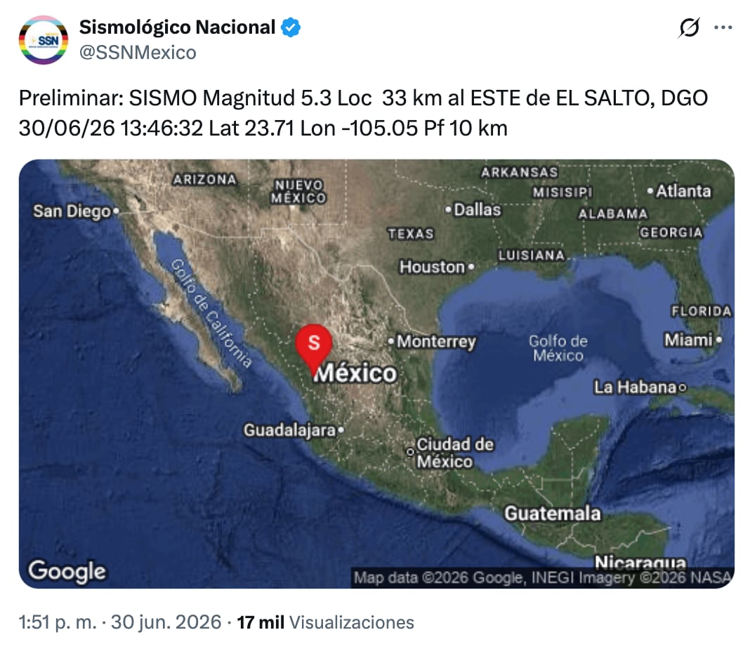 Reporte del SSN sobre el sismo en Durango