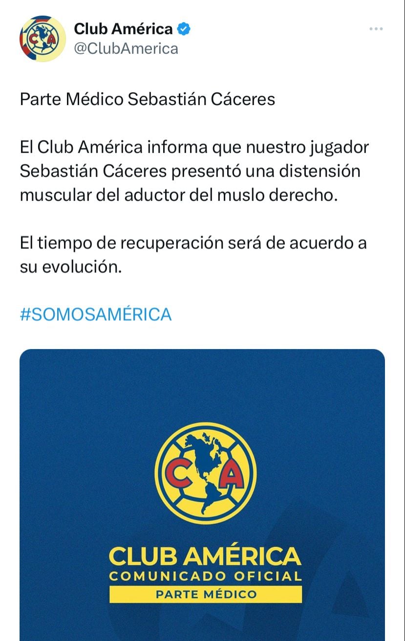 El Club América anunció la baja de Sebastián Cáceres para el Clásico Nacional.