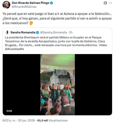 Ricardo Salinas cuestiona a Sheinbaum por ver México vs Ecuador con aficionados