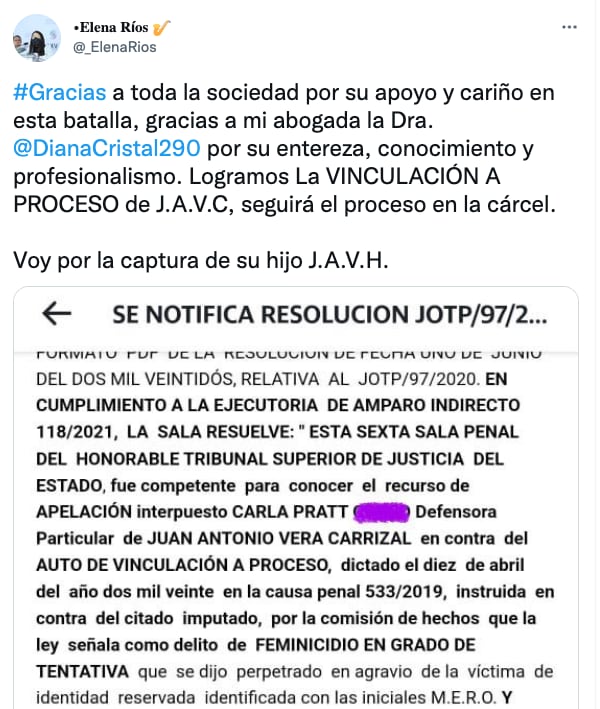 María Elena Ríos sobre la vinculación a proceso de su agresor