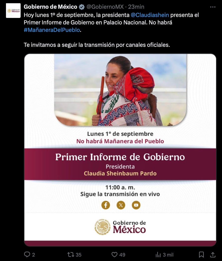 Primer informe de gobierno de Claudia Sheinbaum de hoy 1 de septiembre de 2025