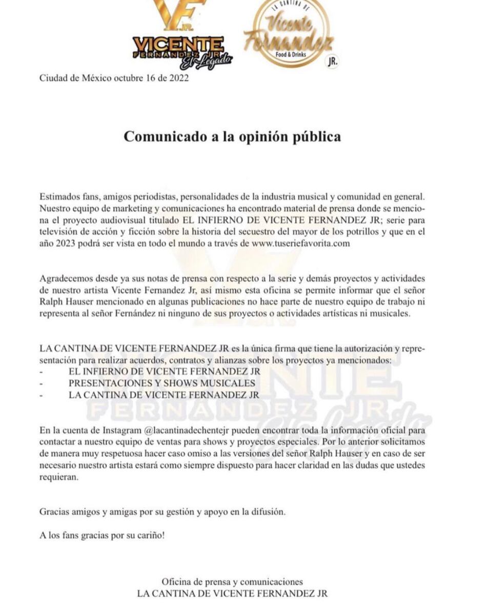 Comunicado de Vicente Fernández Jr
