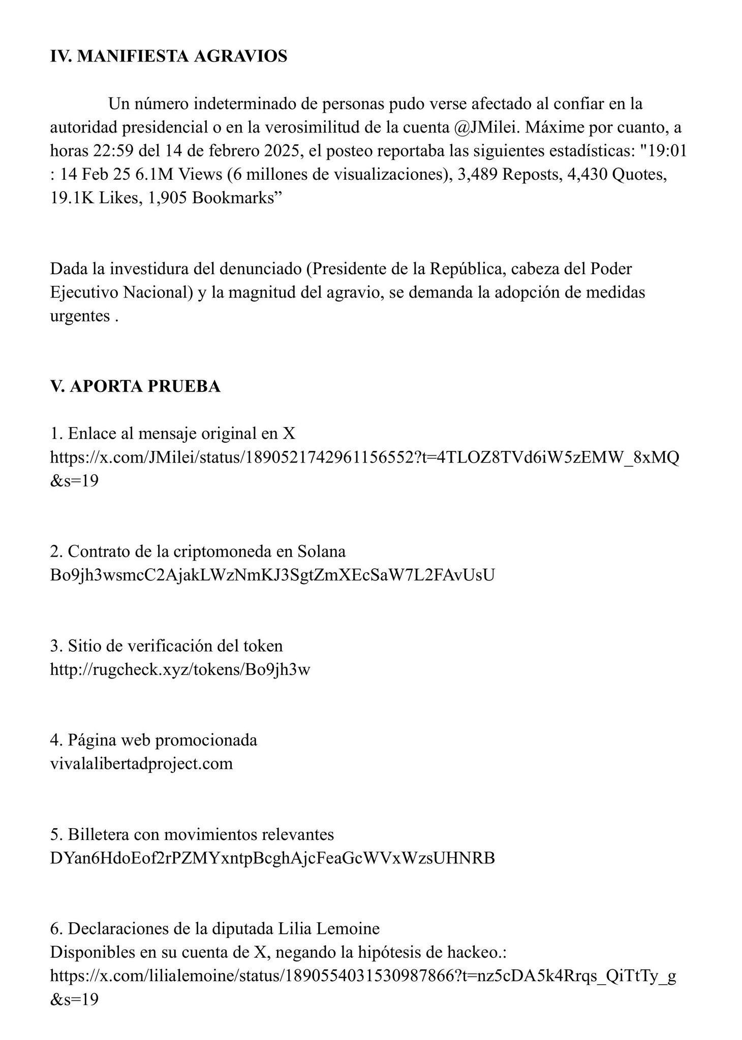 Denuncia contra Javier Milei por $Libra