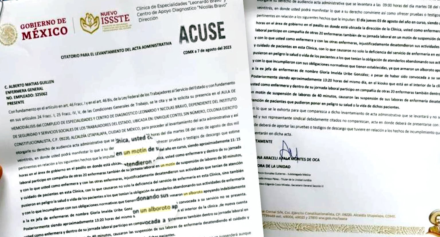 Citatorio para levantamiento de actas administrativas a enfermeras del ISSST