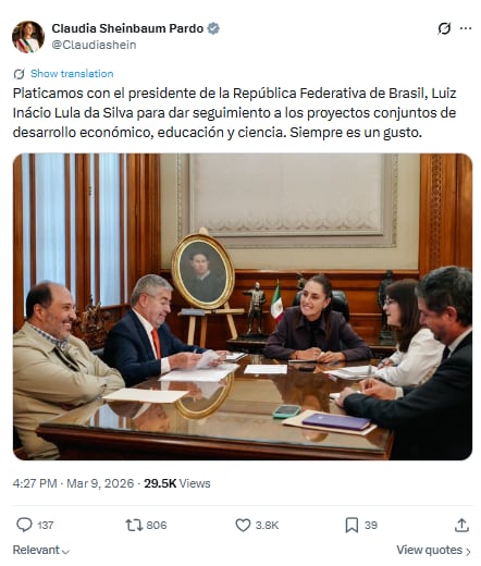 Sheinbaum viajará a Brasil a mediados de año tras invitación de Lula