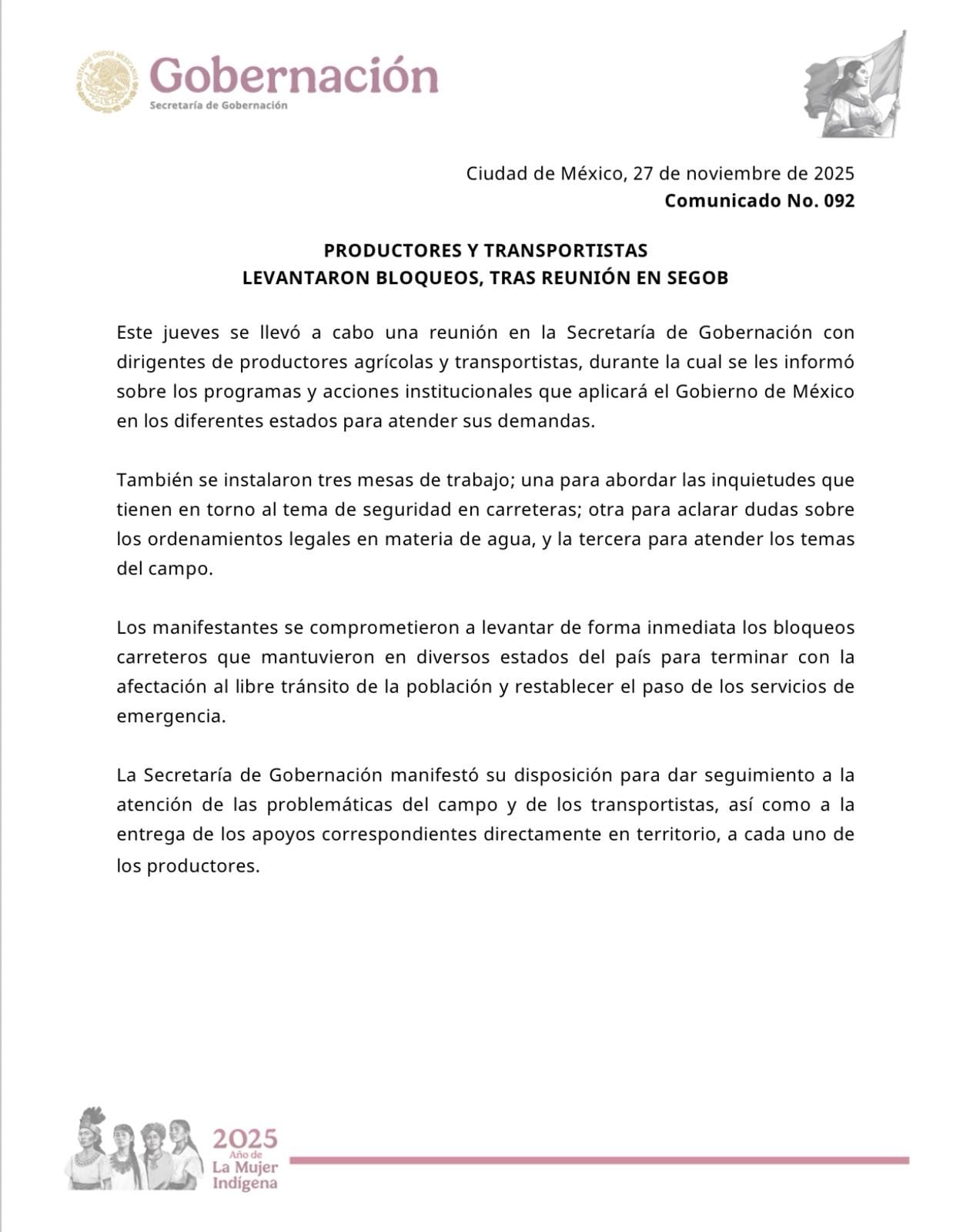 Segob confirma fin de bloqueos de agricultores y transportistas