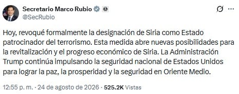 Estados Unidos retira a Siria de la lista de países patrocinadores del terrorismo tras 47 años