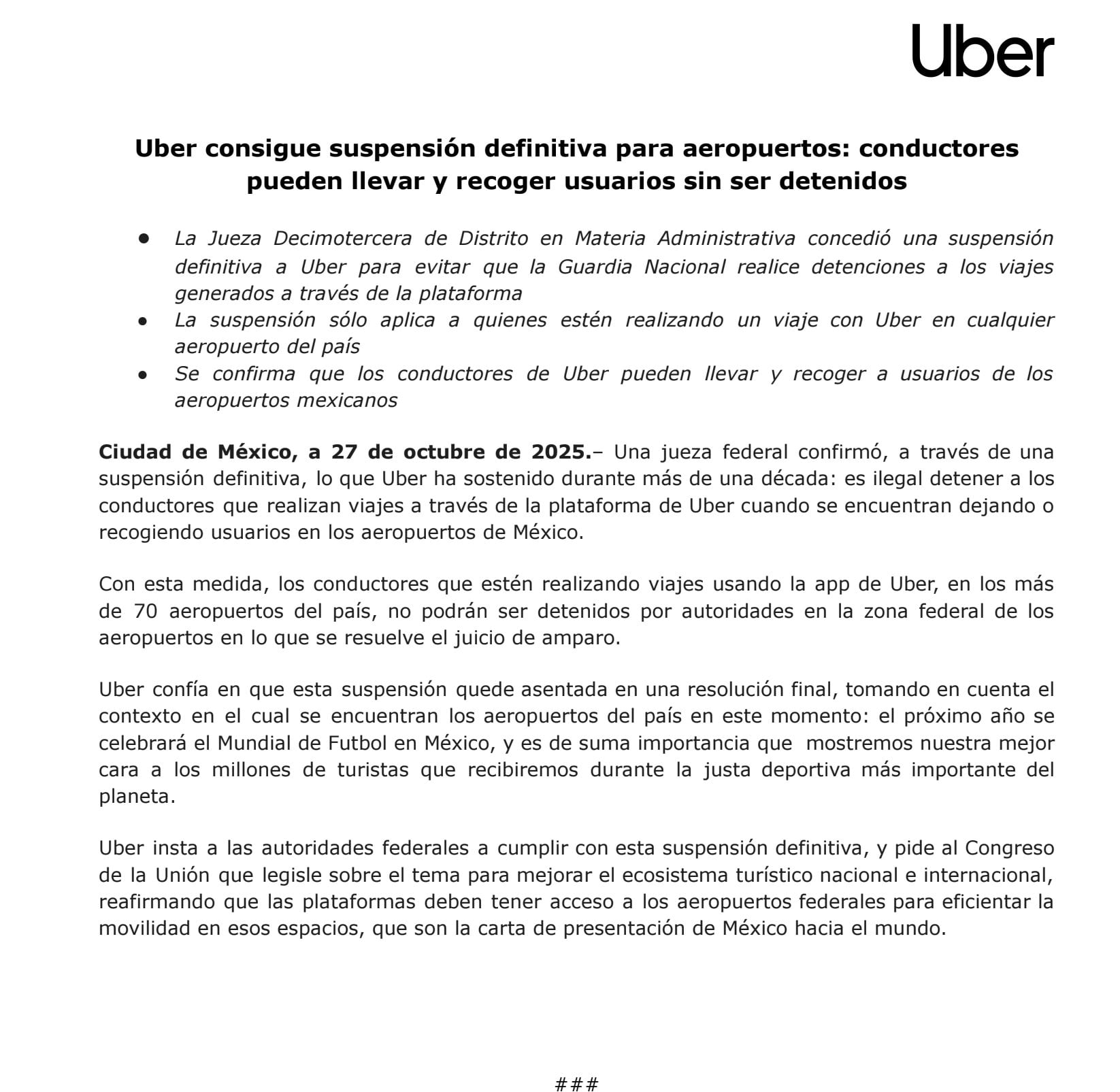 Comunicado de Uber sobre el amparo para operar en aeropuertos de México