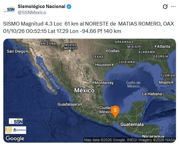 Sismo hoy jueves 1 de octubre de 2026 en México
