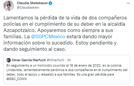 Claudia Sheinbaum lamenta las muertes de 2 policías
