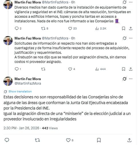 INE instaló cámaras y seguridad sin informar a Consejerías, acusa Martín Faz