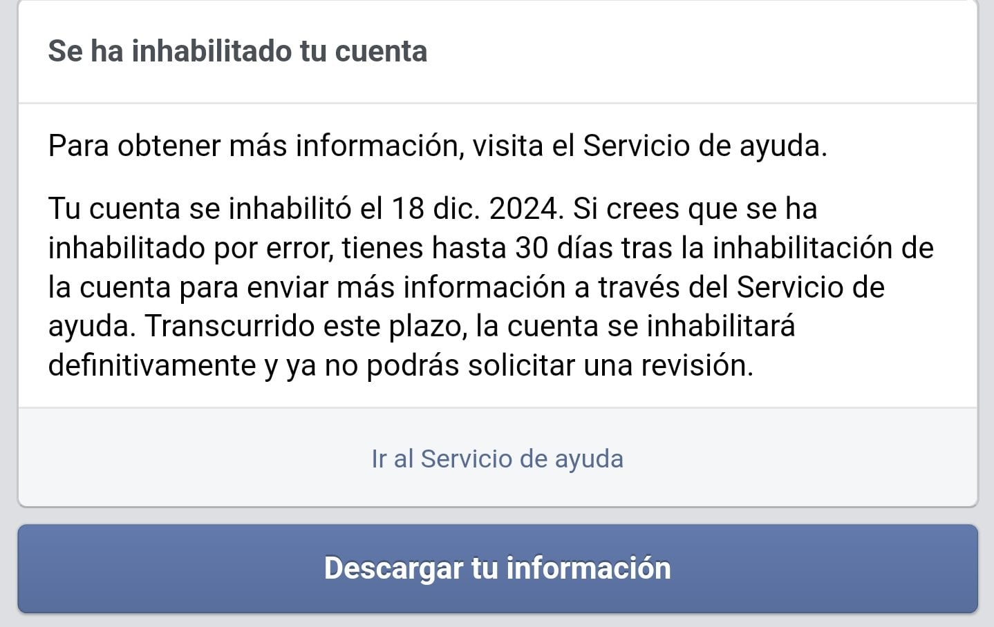 Cuentas inhabilitadas de Facebook y WhatsApp