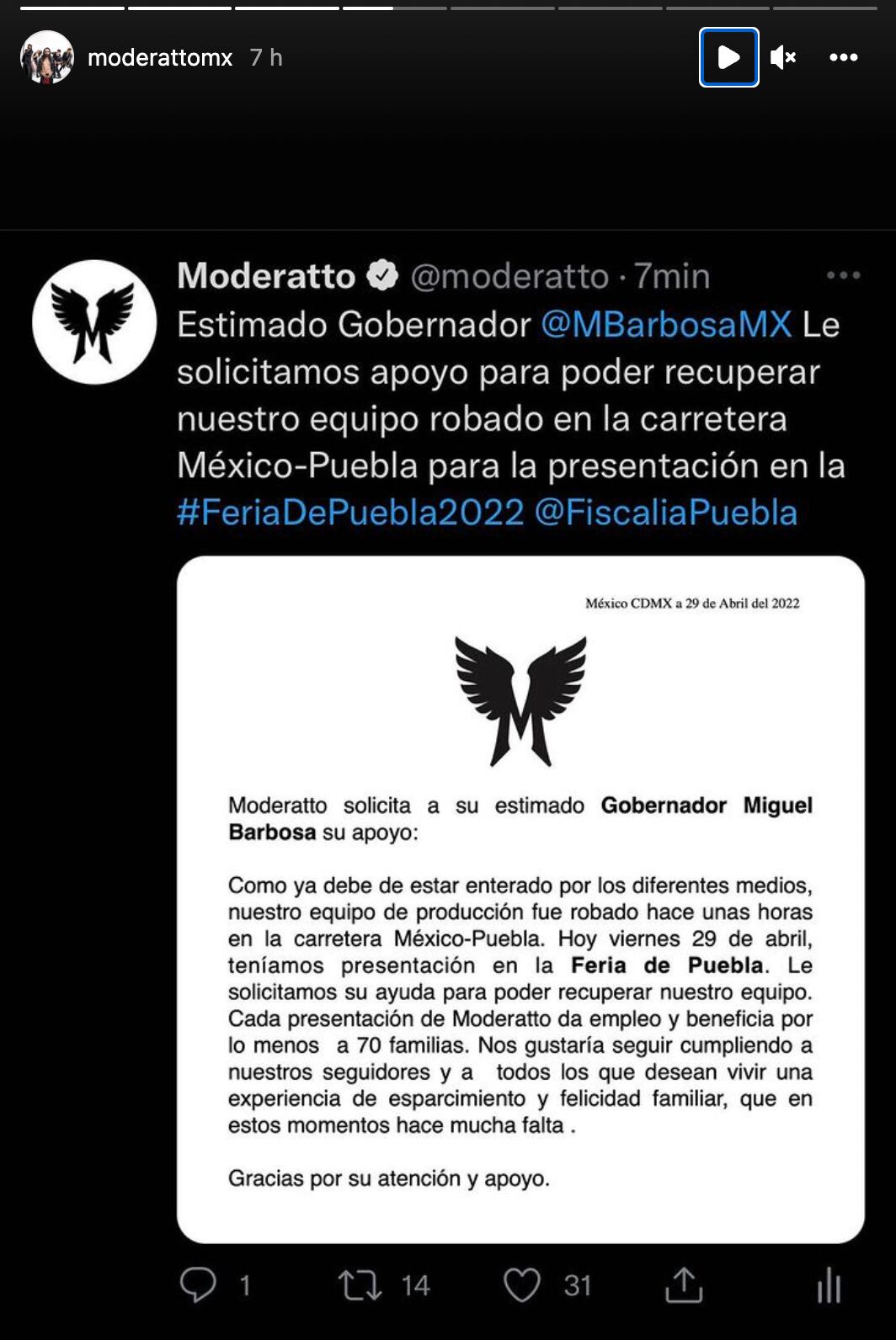Moderatto pide apoyo al gobernador de puebla
