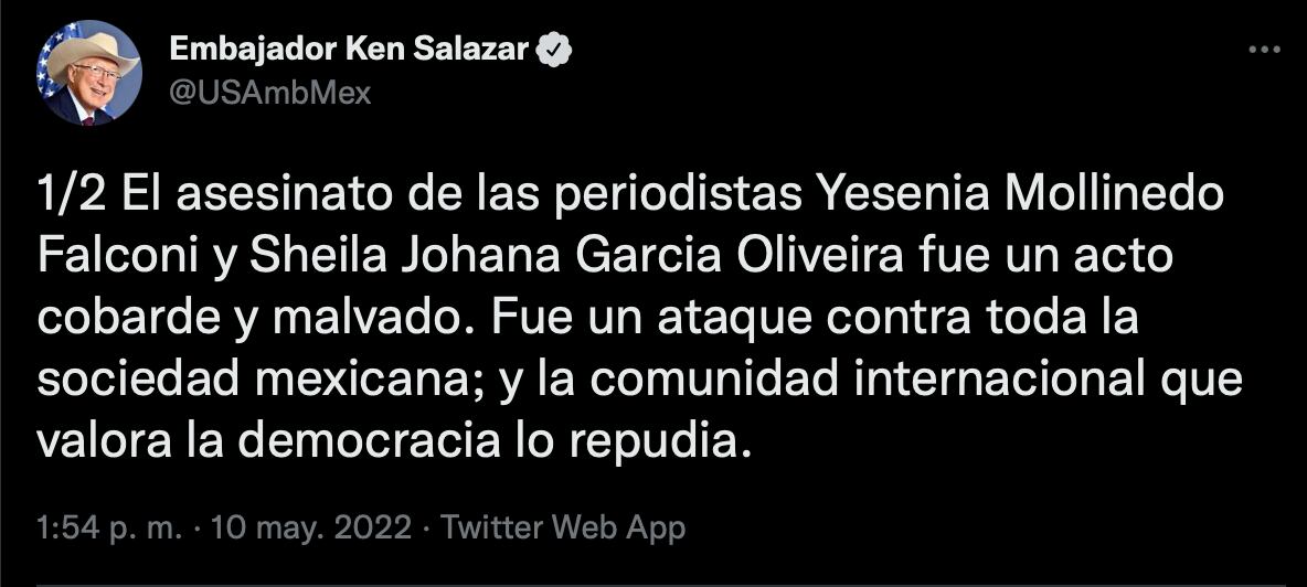 Ken Salazar condena asesinato de periodistas en Veracruz