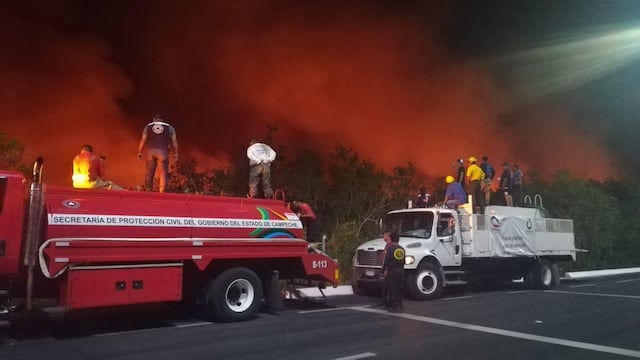 Autoridades estatales y federales combaten el incendio en Los Petenes.