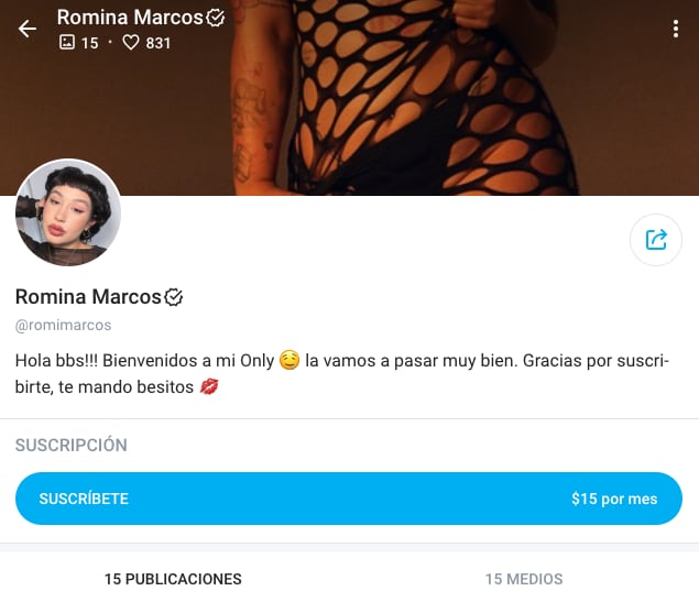 Así se ve el perfil en OnlyFans de Romina Marcos que tenía escondido