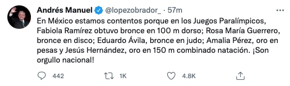Tuit de AMLO sobre Juegos Paralímpicos