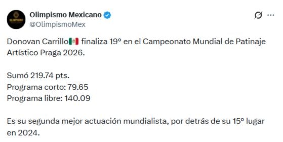 El mexicano Donovan Carrillo participó en la final del Mundial de Patinaje Artístico 2026.