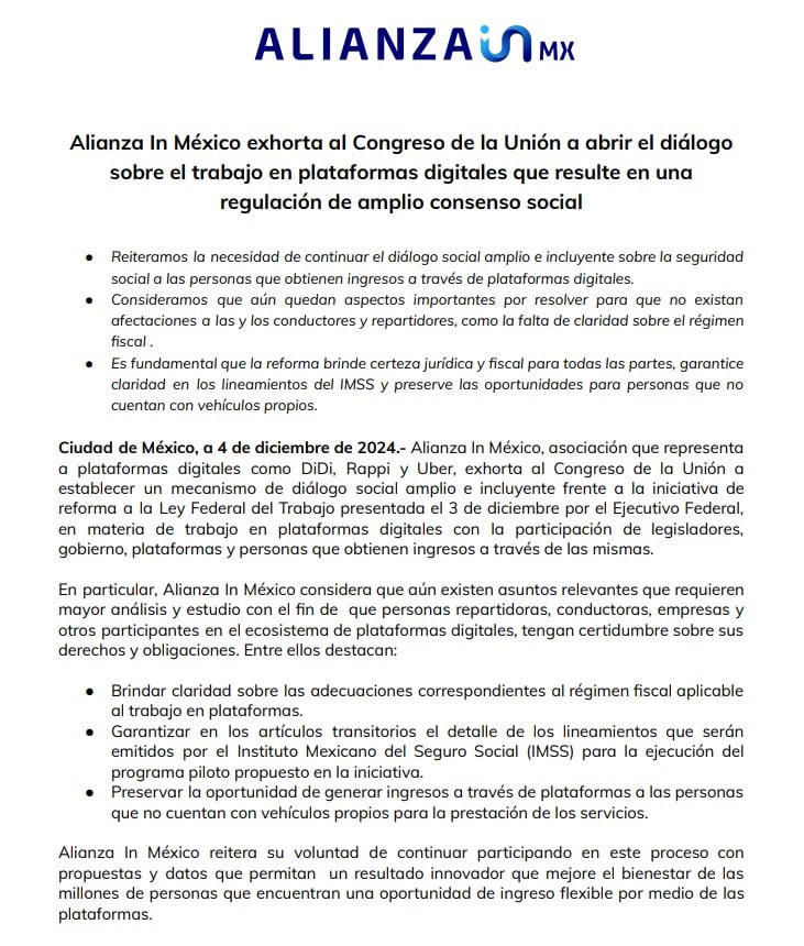 Alianza In México pide que reforma para repartidores y trabajadores de app pase por un diálogo amplio