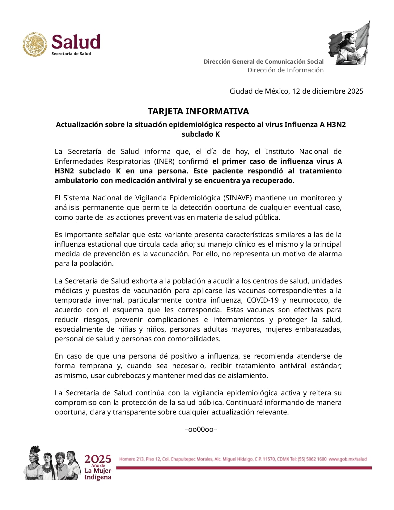 Primer caso de influenza H3N2 en México