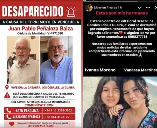Personas desaparecidas tras terremotos en Venezuela