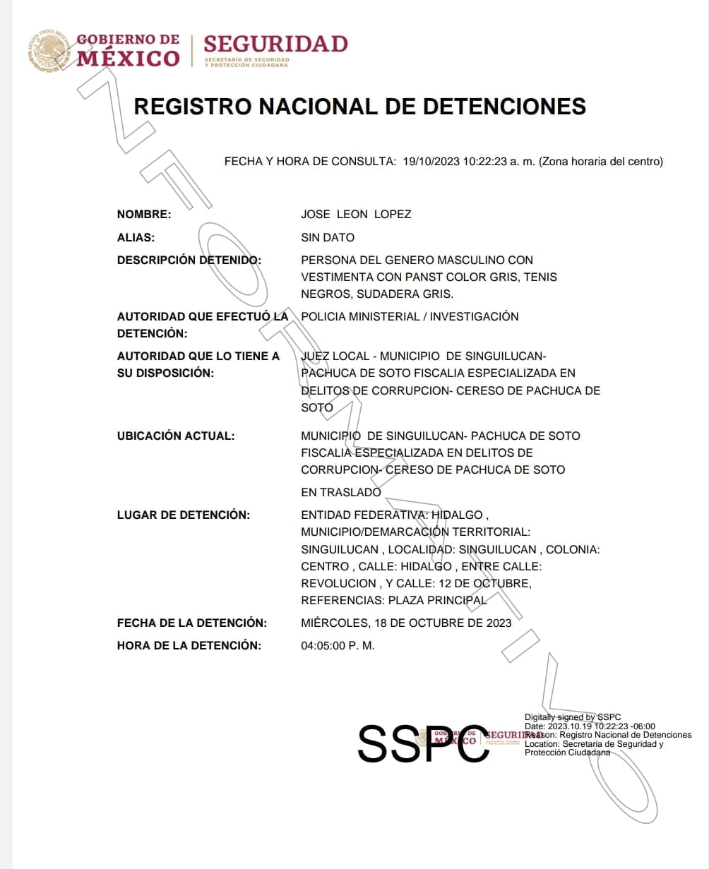 José León López, ex presidente municipal de Singuilucan, Hidalgo, fue detenido por corrupción