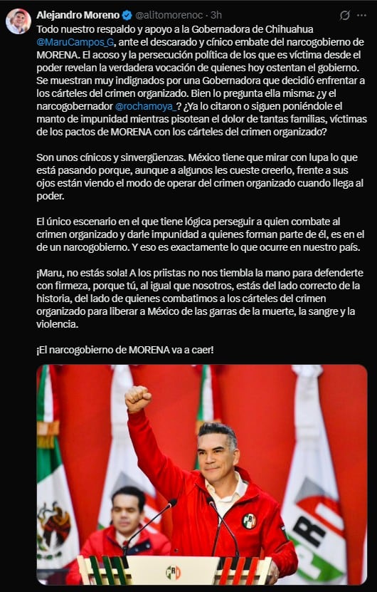 Alito Moreno cierra filas con Maru Campos: ‘Al PRI no le temblará la mano para defenderte’