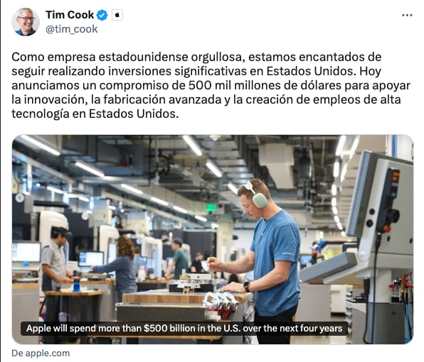 Tim Cook confirma millonaria inversión y construcción de nuevas fabricas en Estados Unidos