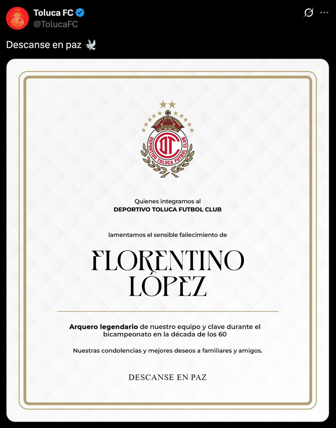 Muere Florentino López, bicampeón con el Toluca