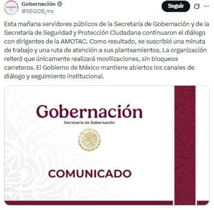 Comunicado de Segob sobre la reunión de AMOTAC con Omar García Harfuch.